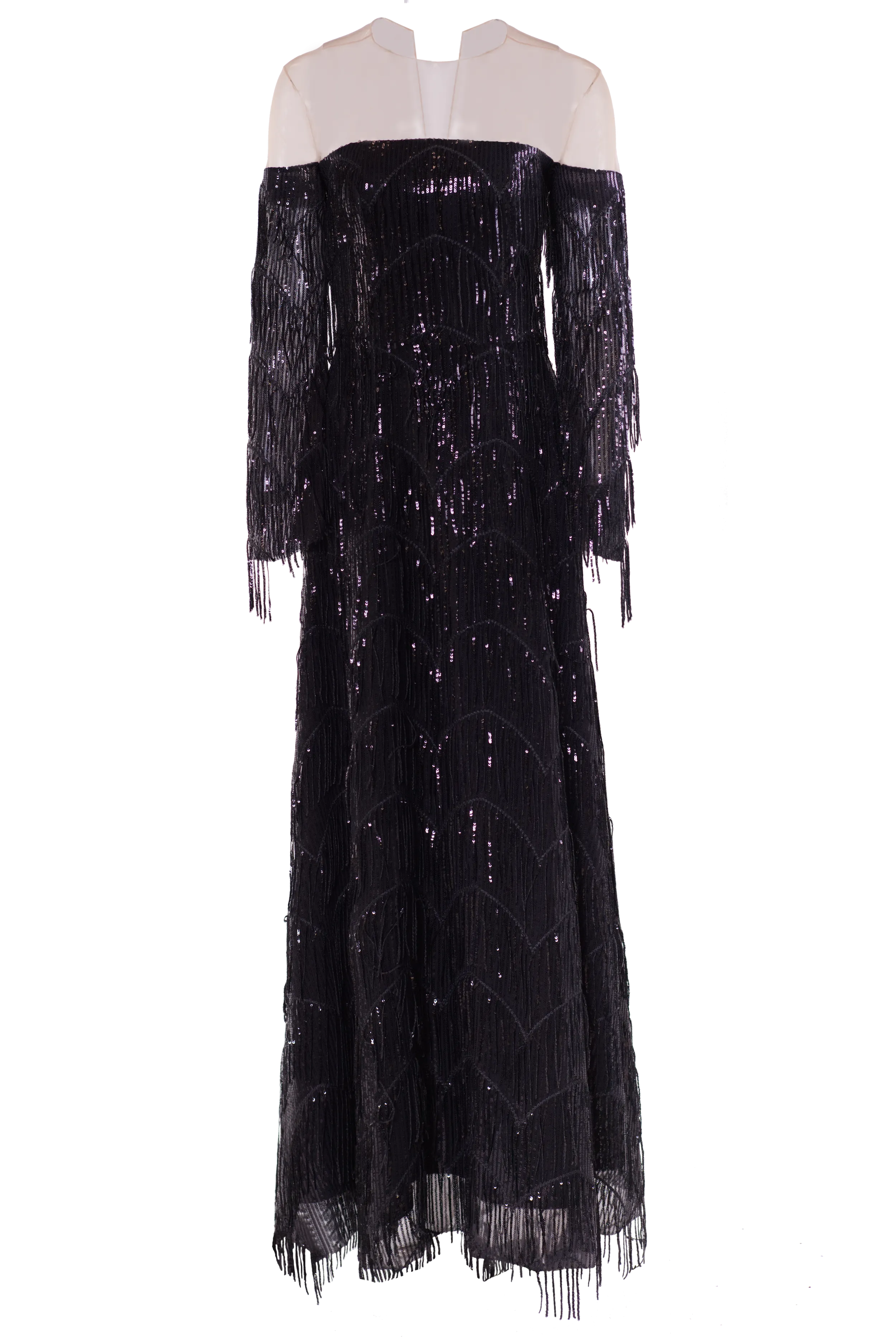 Catherine floor-long maxi dress, illusion neckline, sequin-embroidered chiffon with sequin fringes.