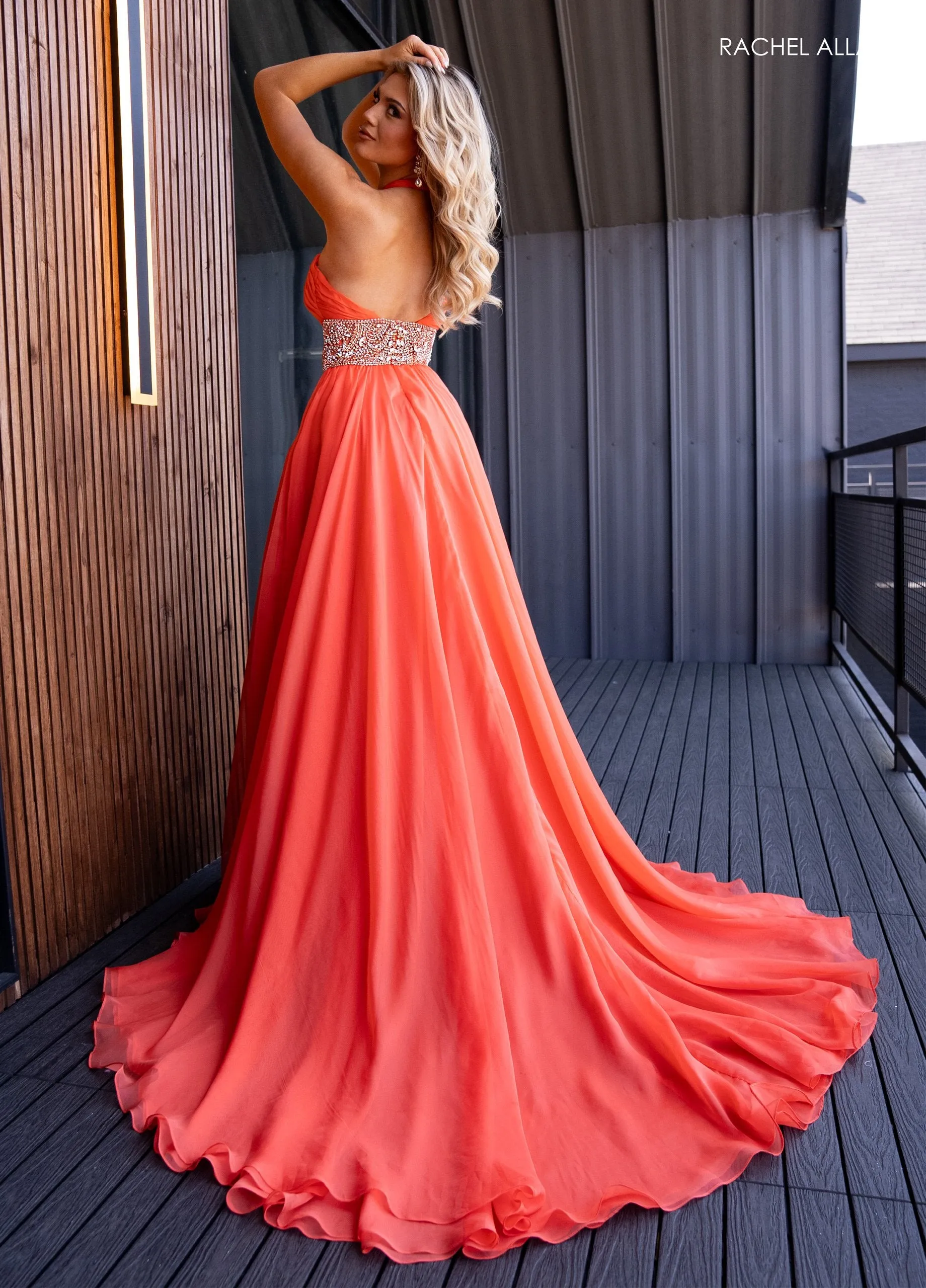 Chiffon Halter A-line Slit Gown by Rachel Allan 50294
