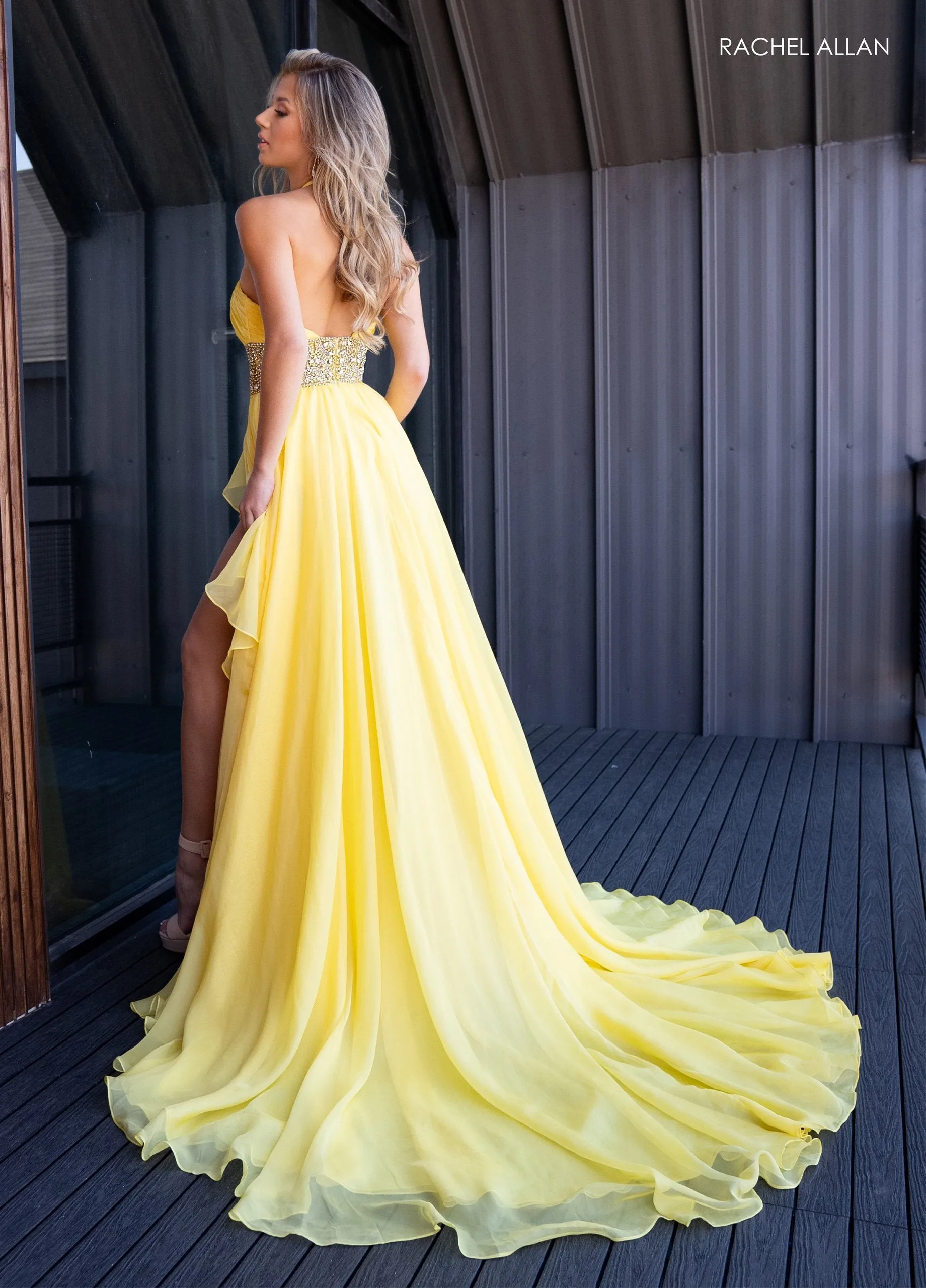 Chiffon Halter A-line Slit Gown by Rachel Allan 50294