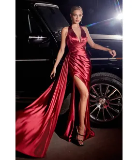 Cinderella Divine  Burgundy Pleated Satin Halter Fitted Slit Dress