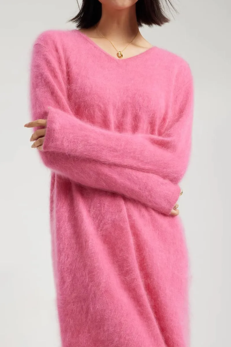 Classic Brushed Cashmere V-Neck Long Sleeve Sweater Dress