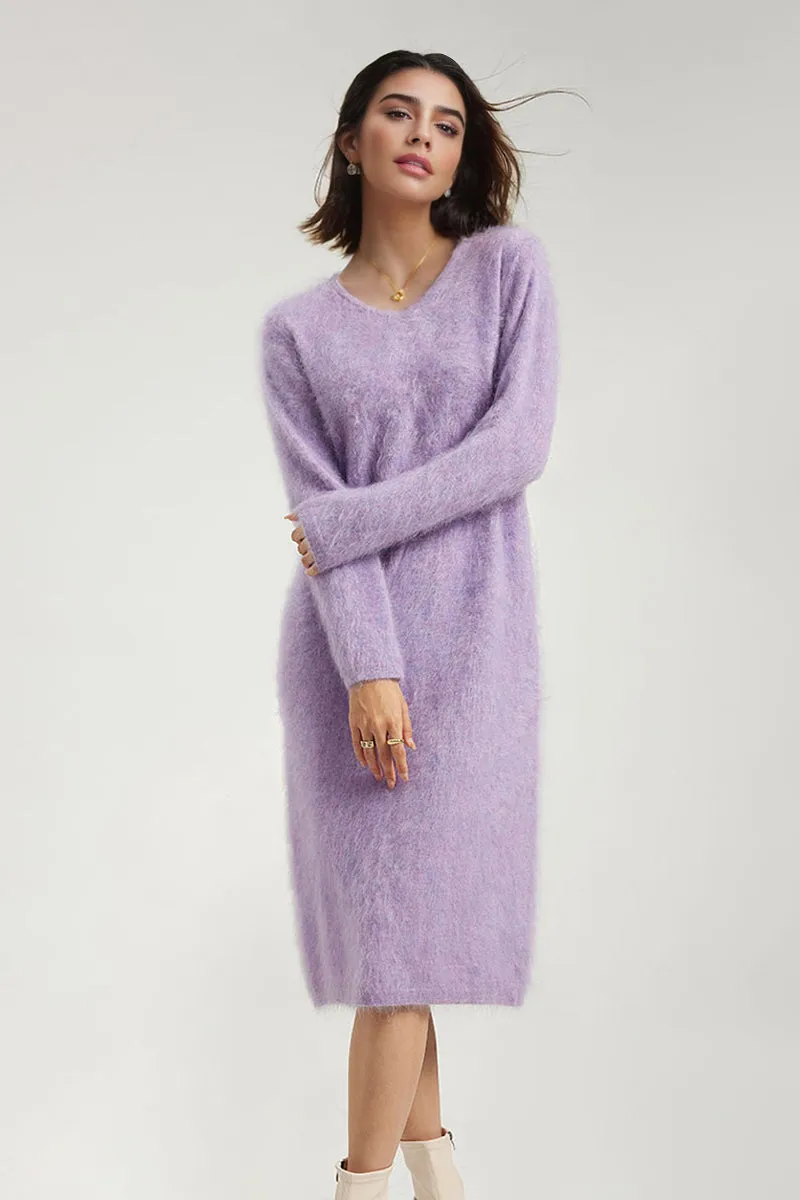 Classic Brushed Cashmere V-Neck Long Sleeve Sweater Dress