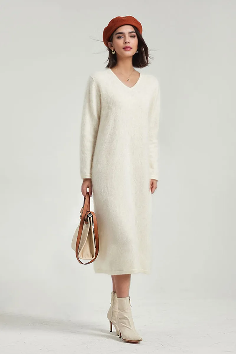 Classic Brushed Cashmere V-Neck Long Sleeve Sweater Dress