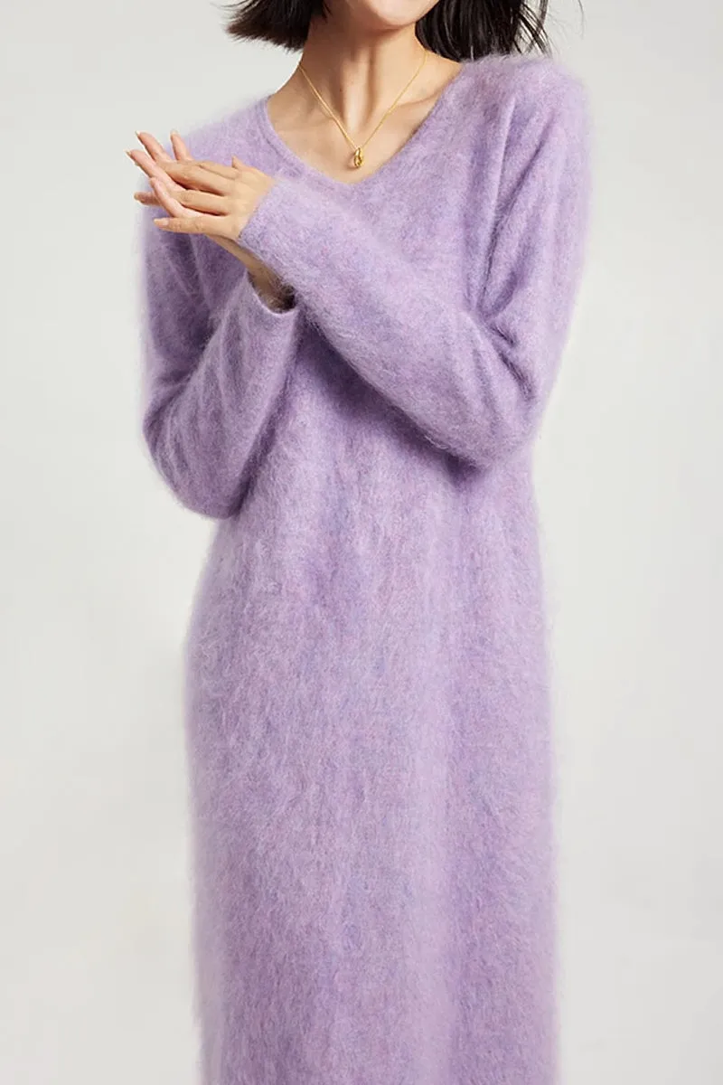 Classic Brushed Cashmere V-Neck Long Sleeve Sweater Dress