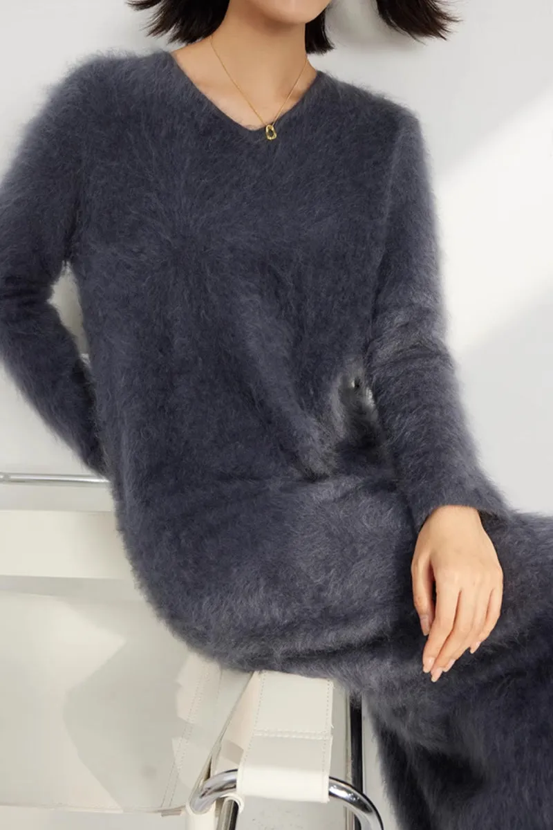 Classic Brushed Cashmere V-Neck Long Sleeve Sweater Dress