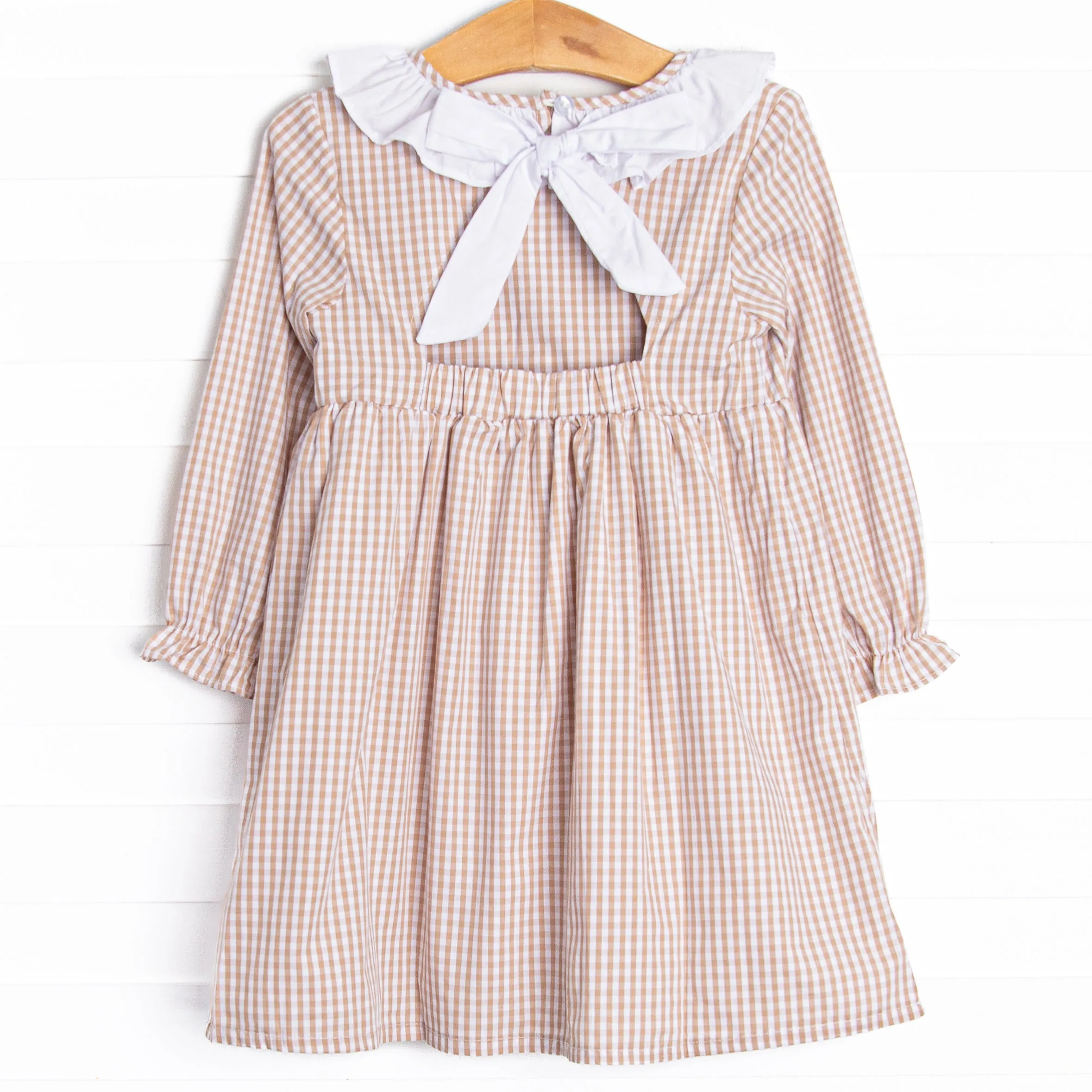 Classic Caroline Dress, Tan Gingham