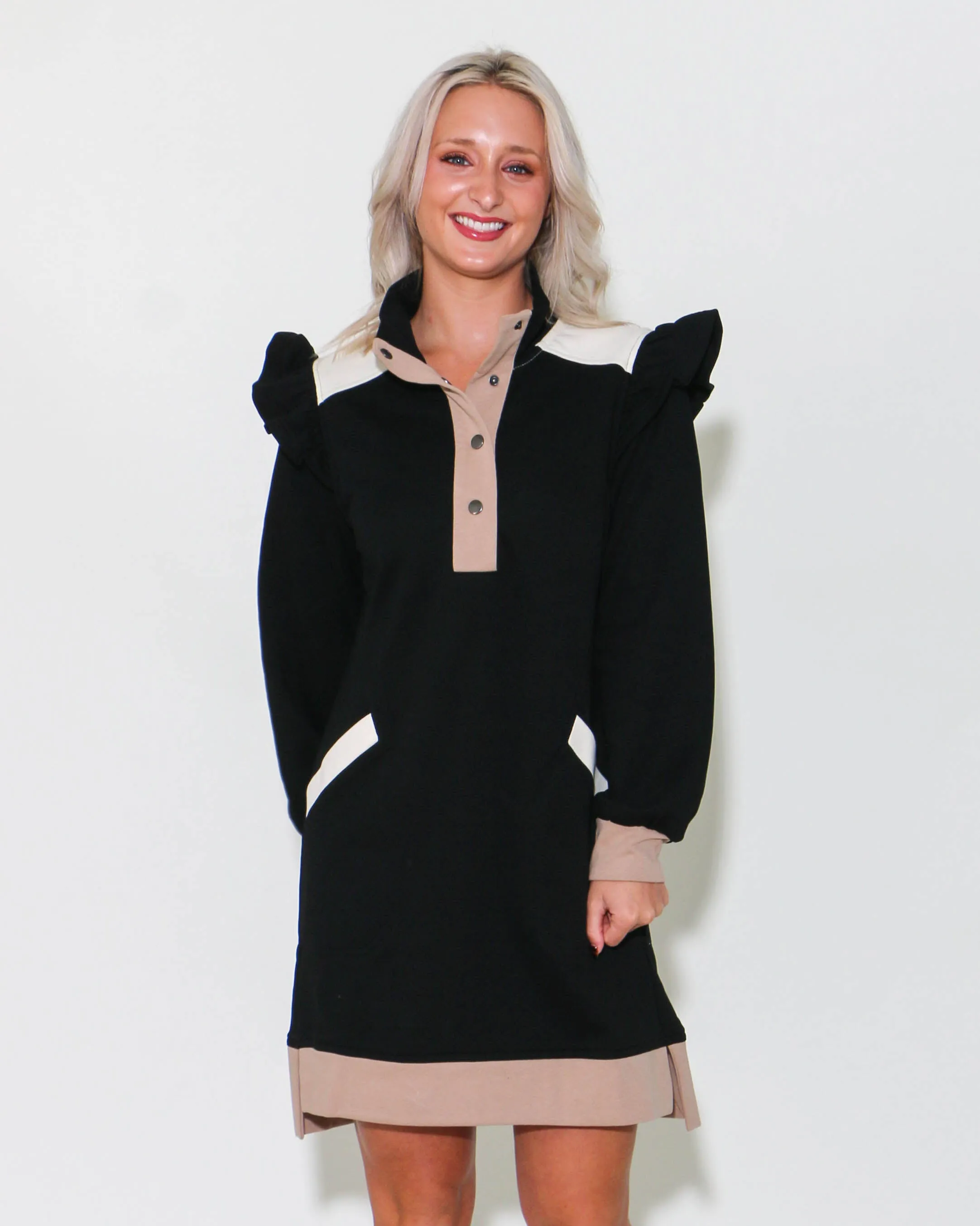 Color-block Ruffle Shoulder Long Sleeve Dress