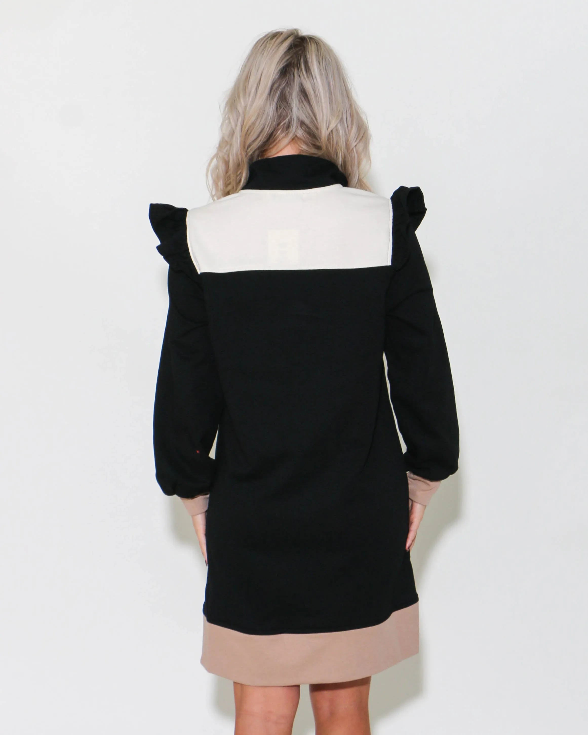 Color-block Ruffle Shoulder Long Sleeve Dress