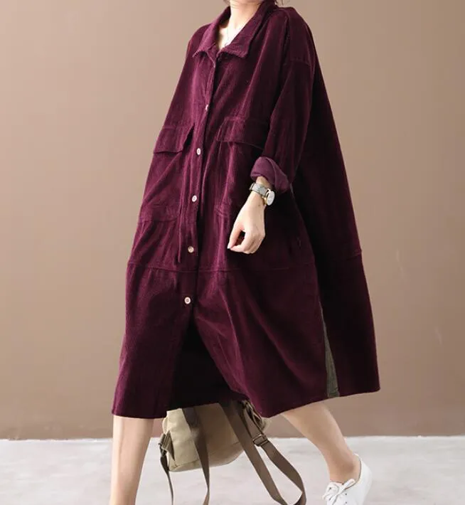 Corduory Women Cotton Loose Dresses Long Sleeve Women Dress YM9201229