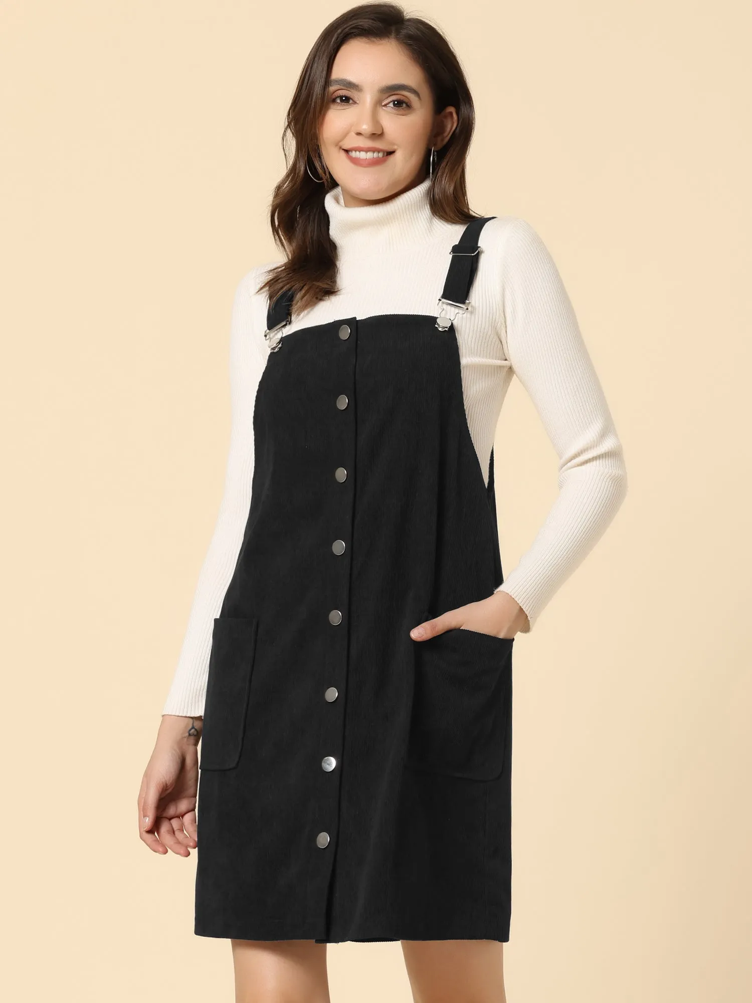 Corduroy Adjustable Straps Button Down Pinafore Overall Dress