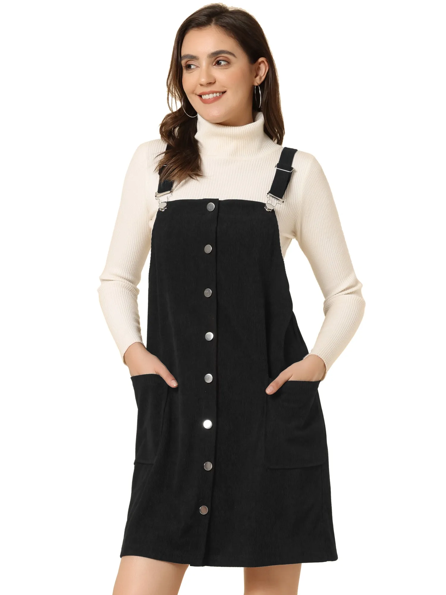 Corduroy Adjustable Straps Button Down Pinafore Overall Dress