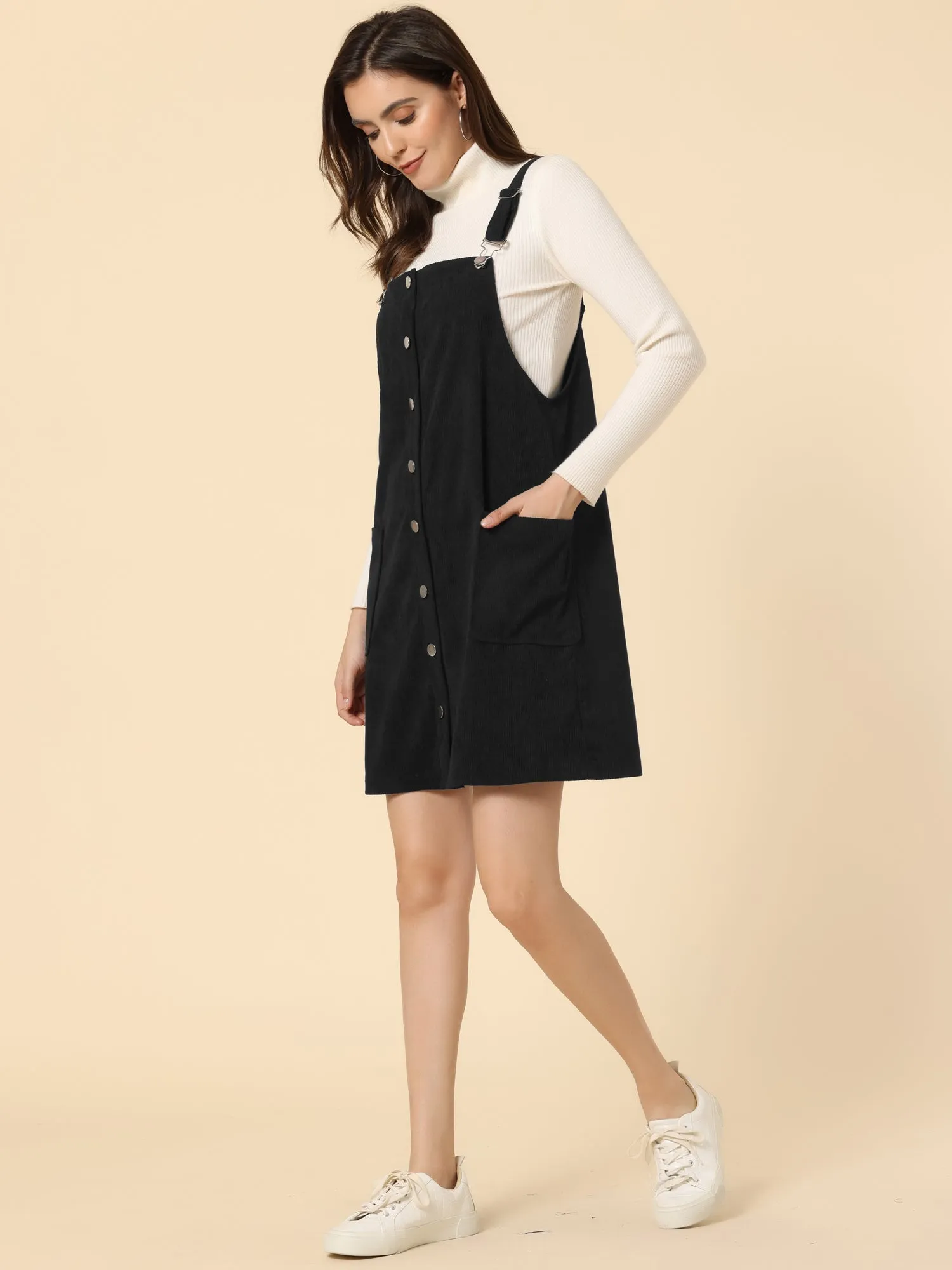 Corduroy Adjustable Straps Button Down Pinafore Overall Dress