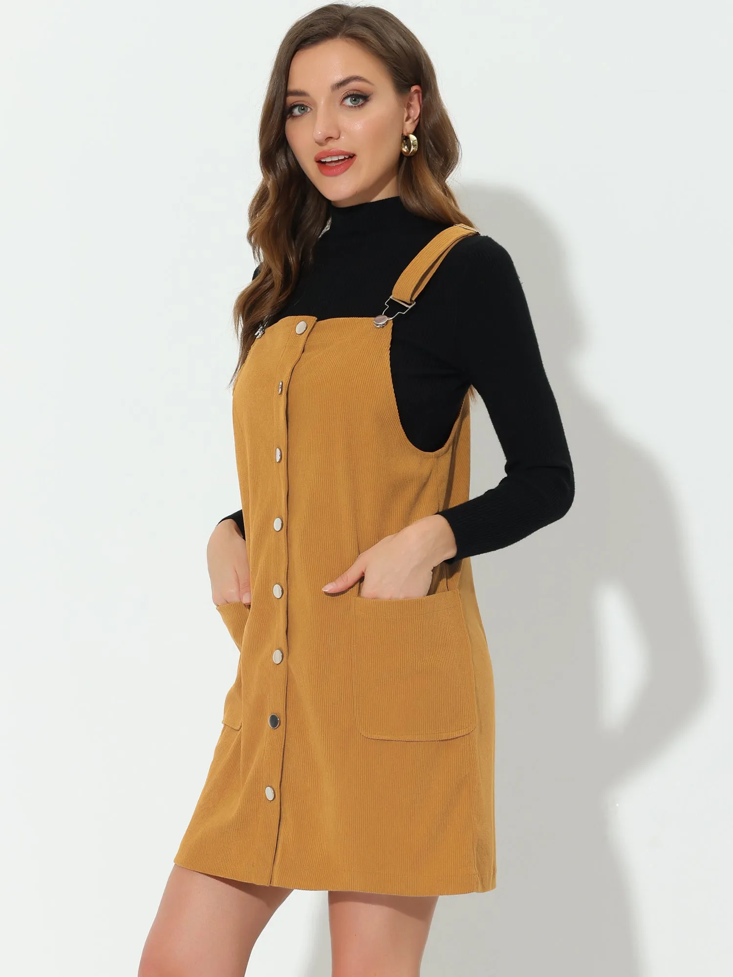 Corduroy Adjustable Straps Button Down Pinafore Overall Dress