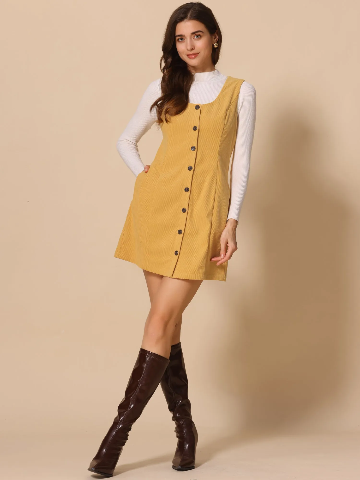 Corduroy Overall Scoop Neck Sleeveless Button Pinefore Dress