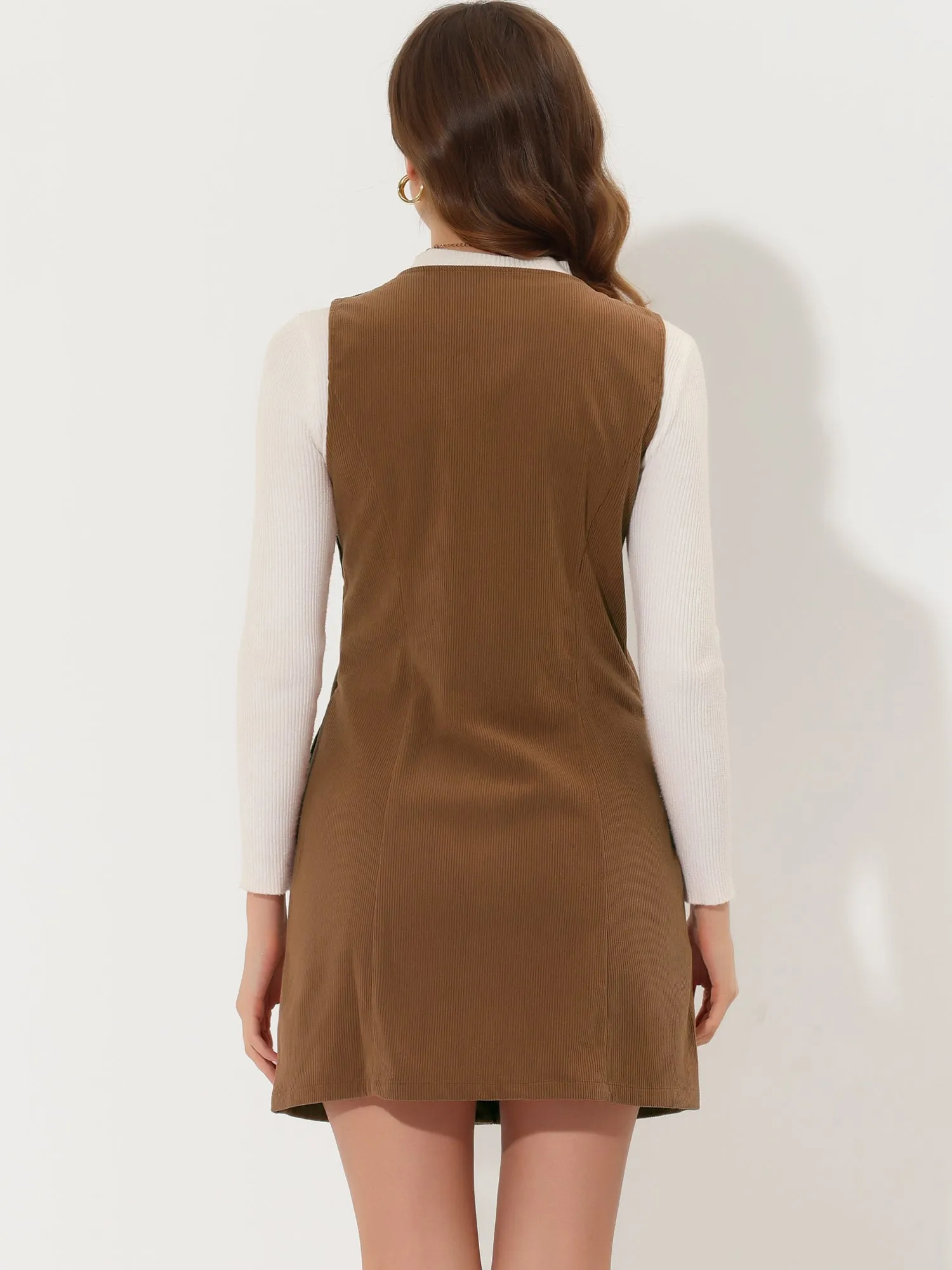 Corduroy Overall Scoop Neck Sleeveless Button Pinefore Dress