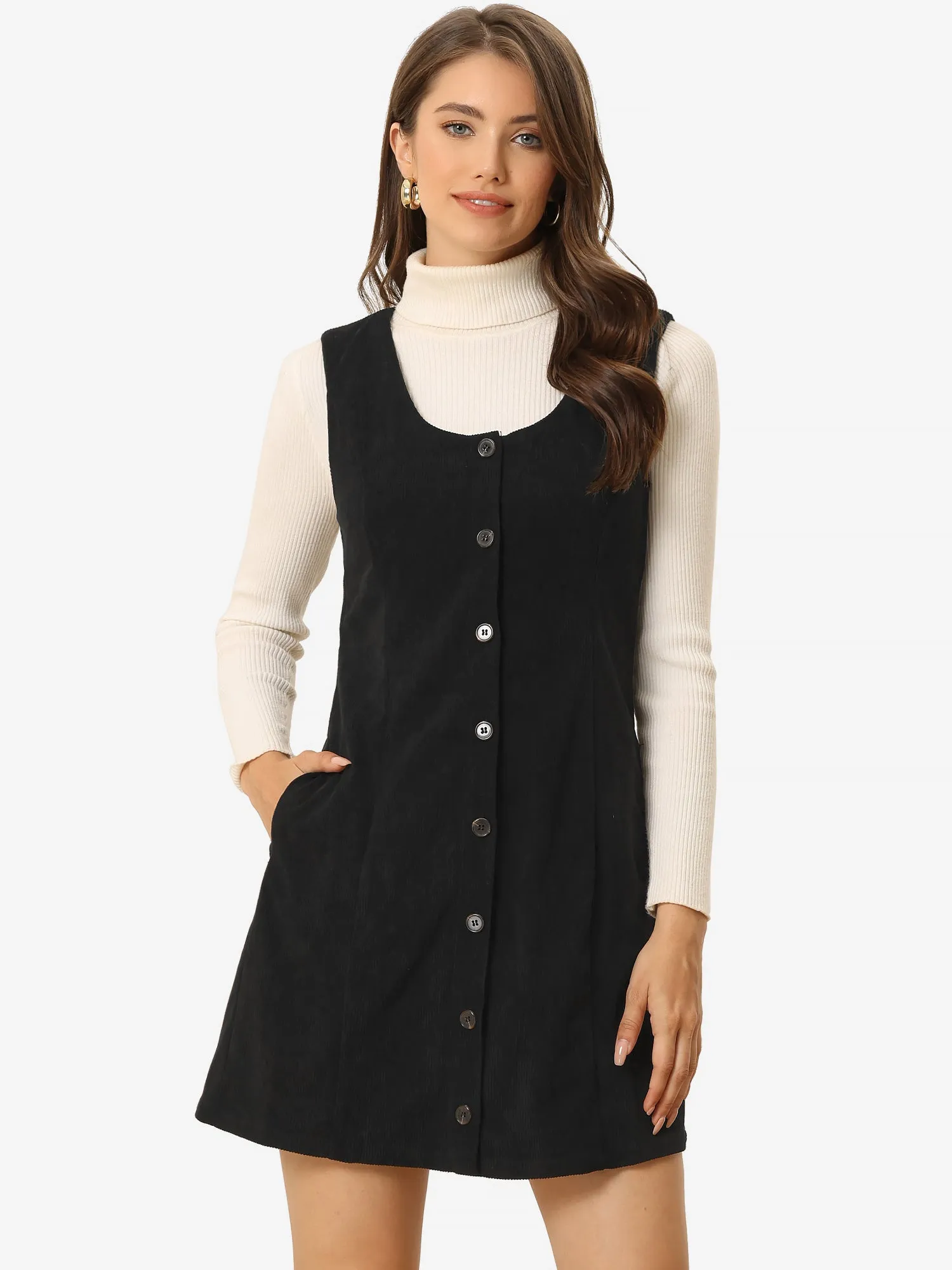 Corduroy Overall Scoop Neck Sleeveless Button Pinefore Dress