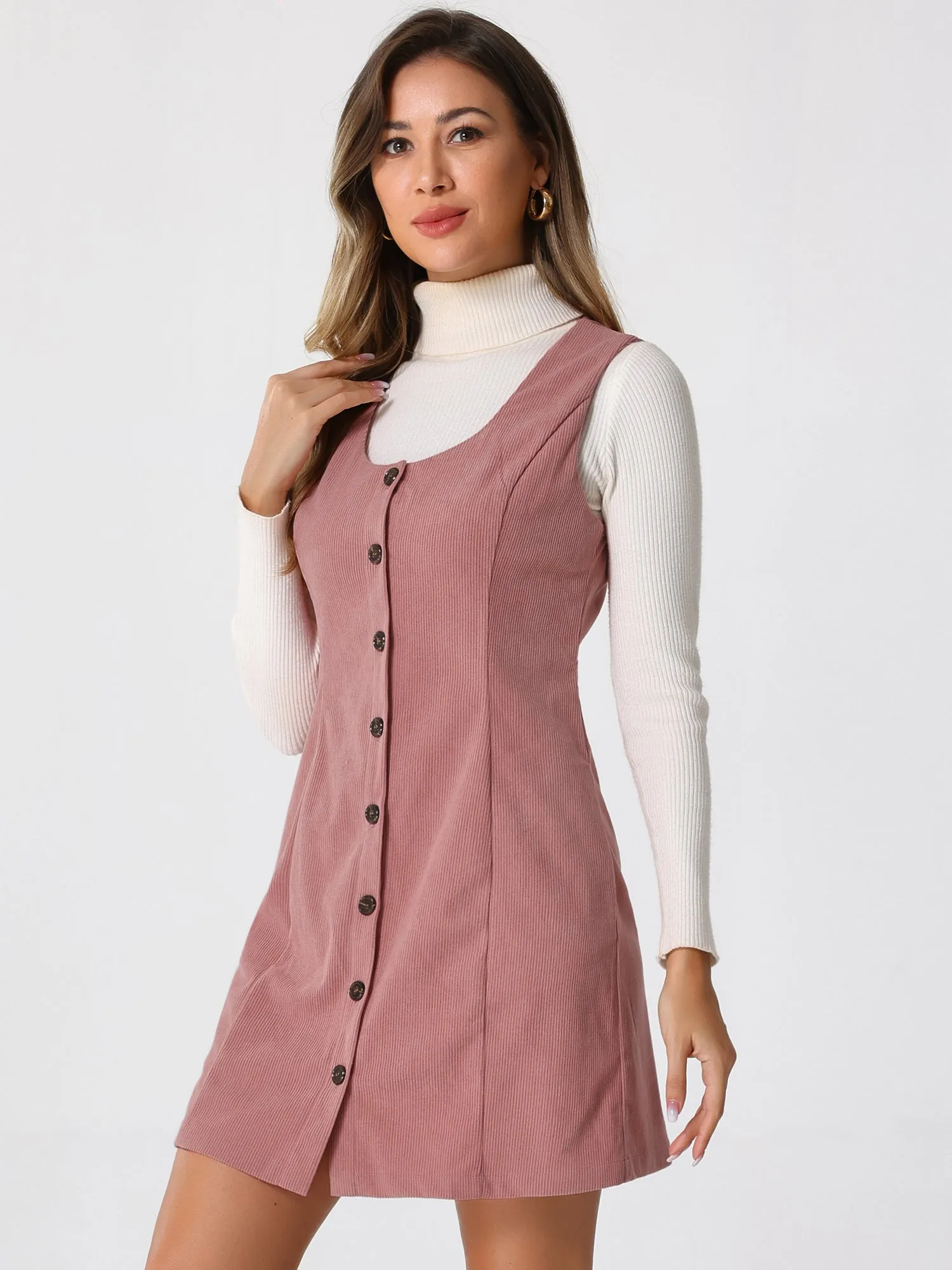 Corduroy Overall Scoop Neck Sleeveless Button Pinefore Dress