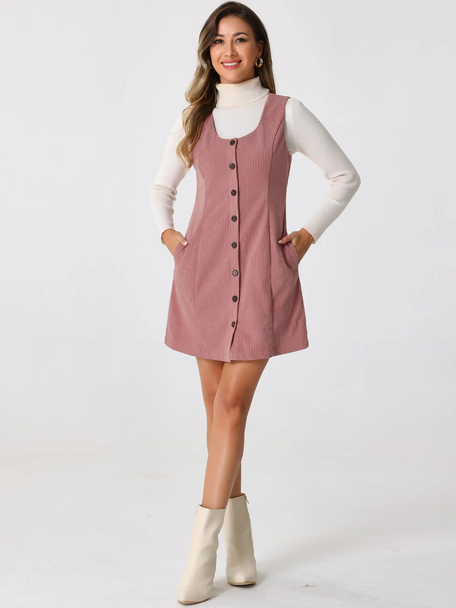 Corduroy Overall Scoop Neck Sleeveless Button Pinefore Dress