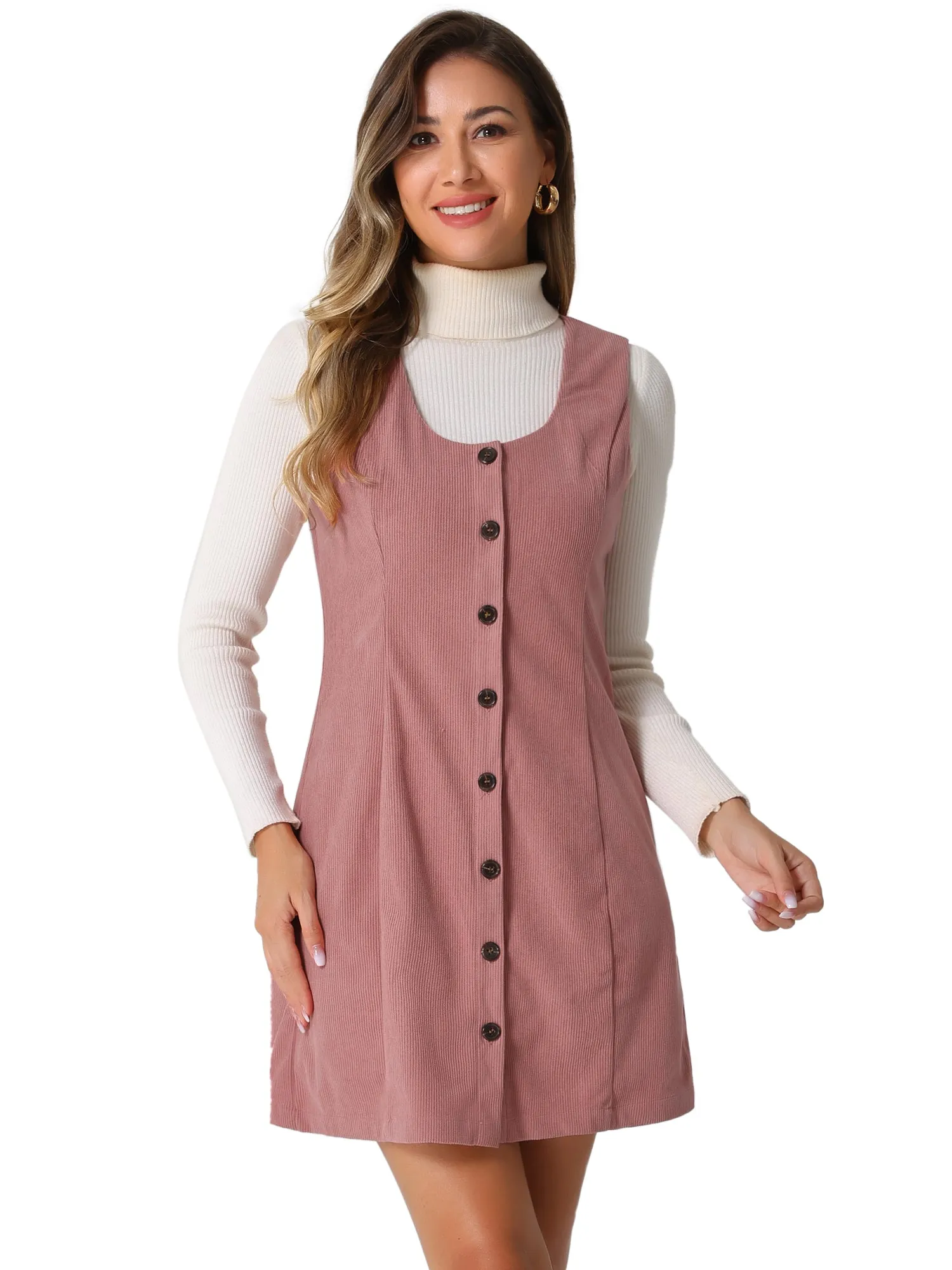 Corduroy Overall Scoop Neck Sleeveless Button Pinefore Dress