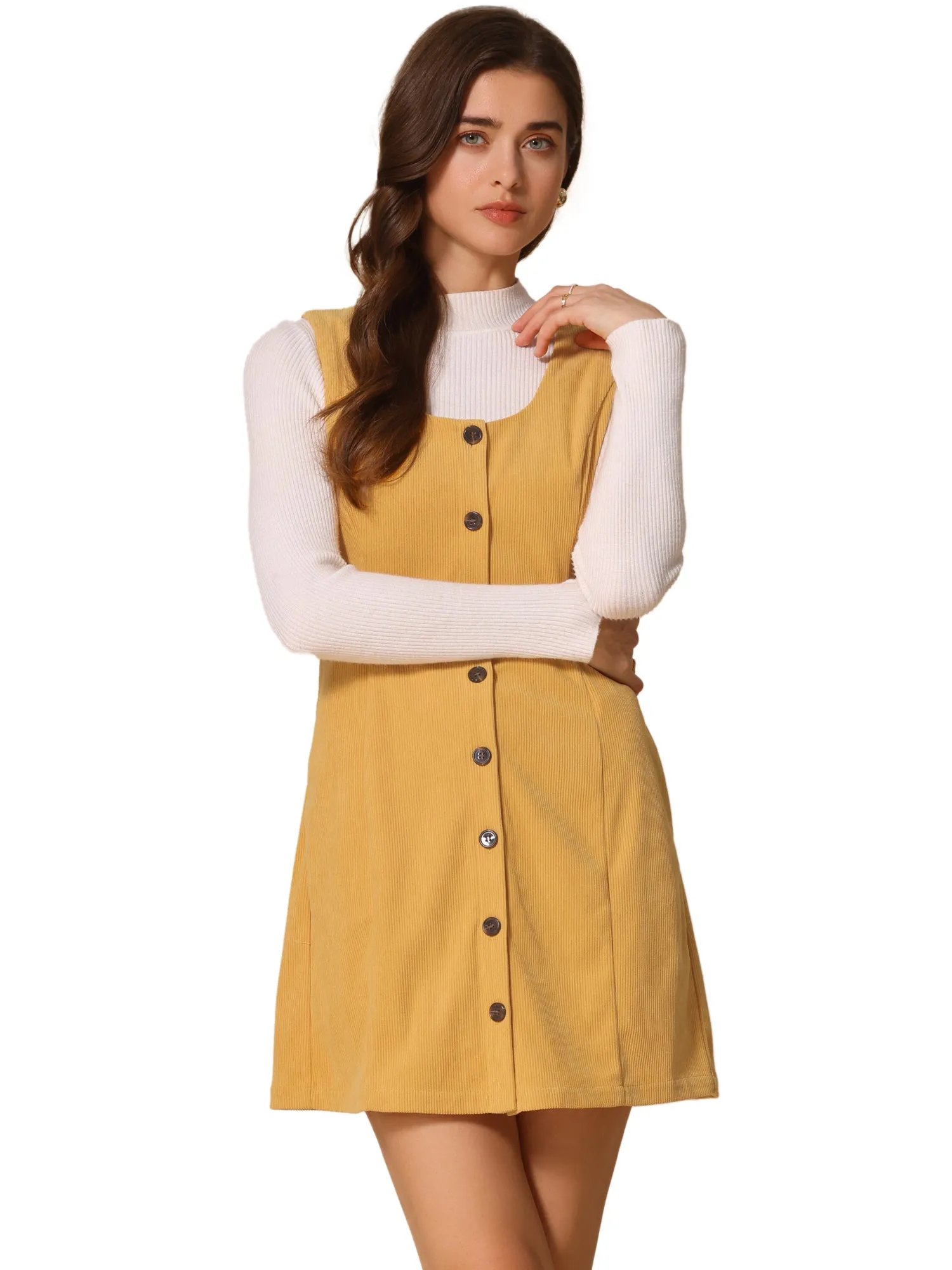 Corduroy Overall Scoop Neck Sleeveless Button Pinefore Dress