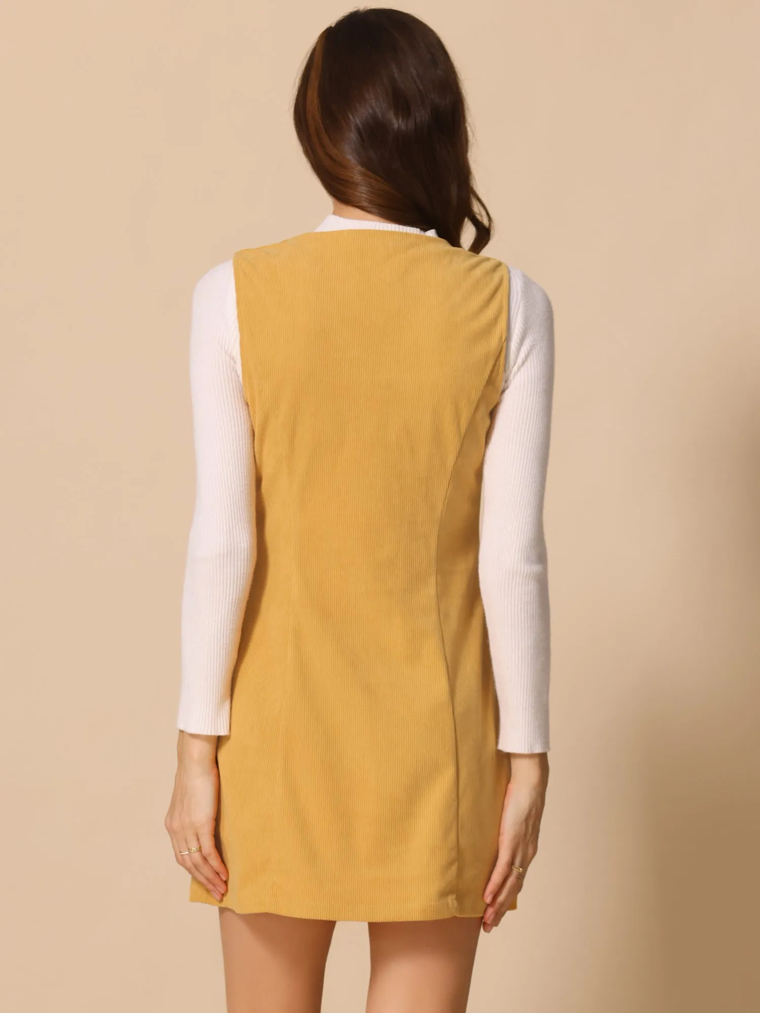 Corduroy Overall Scoop Neck Sleeveless Button Pinefore Dress