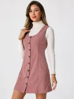 Corduroy Overall Scoop Neck Sleeveless Button Pinefore Dress