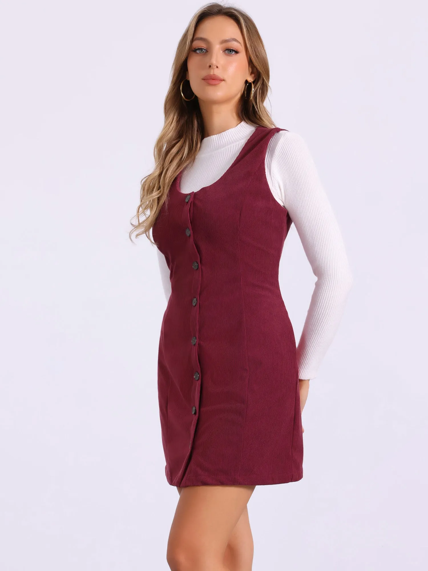 Corduroy Overall Scoop Neck Sleeveless Button Pinefore Dress