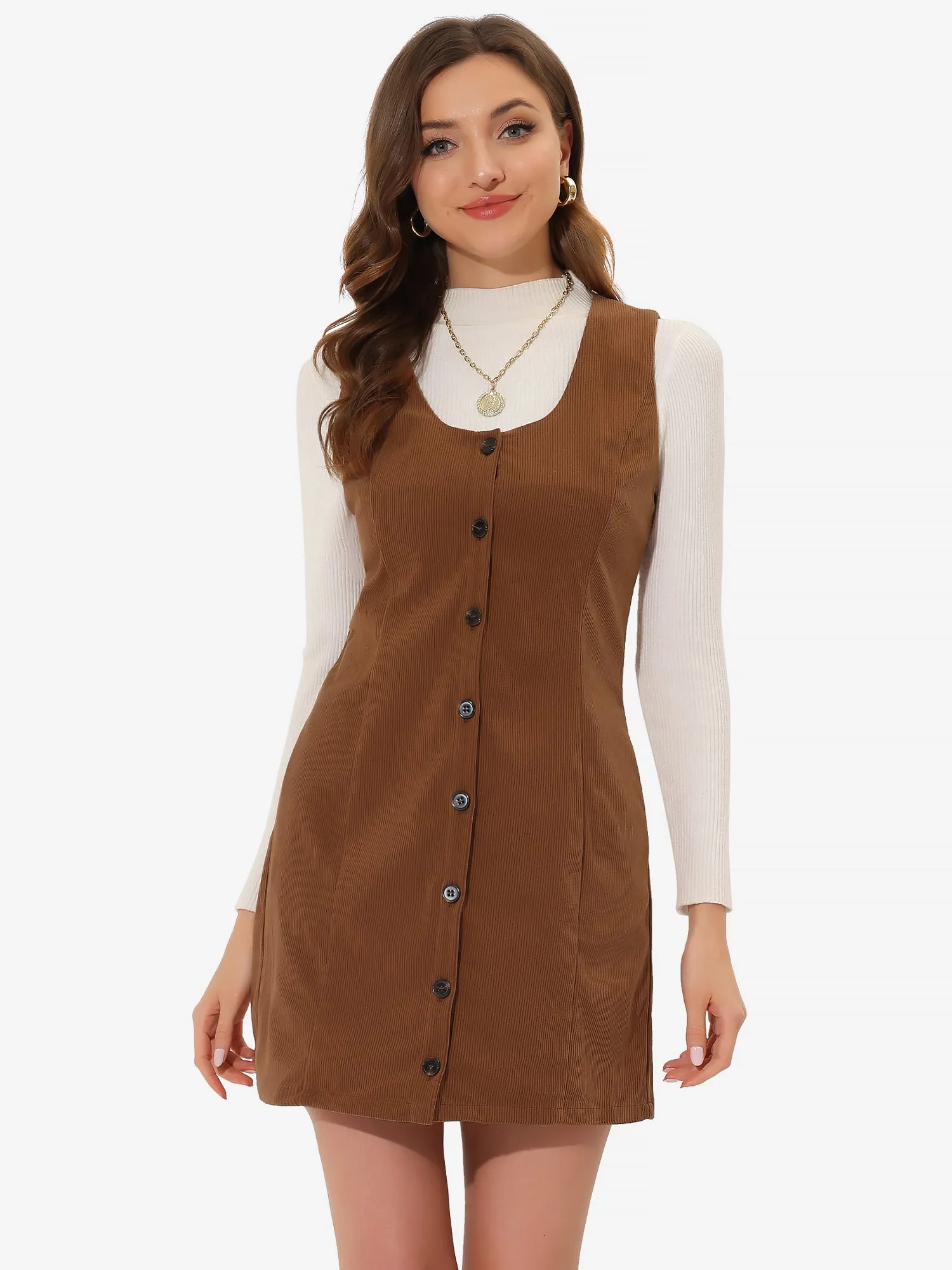 Corduroy Overall Scoop Neck Sleeveless Button Pinefore Dress