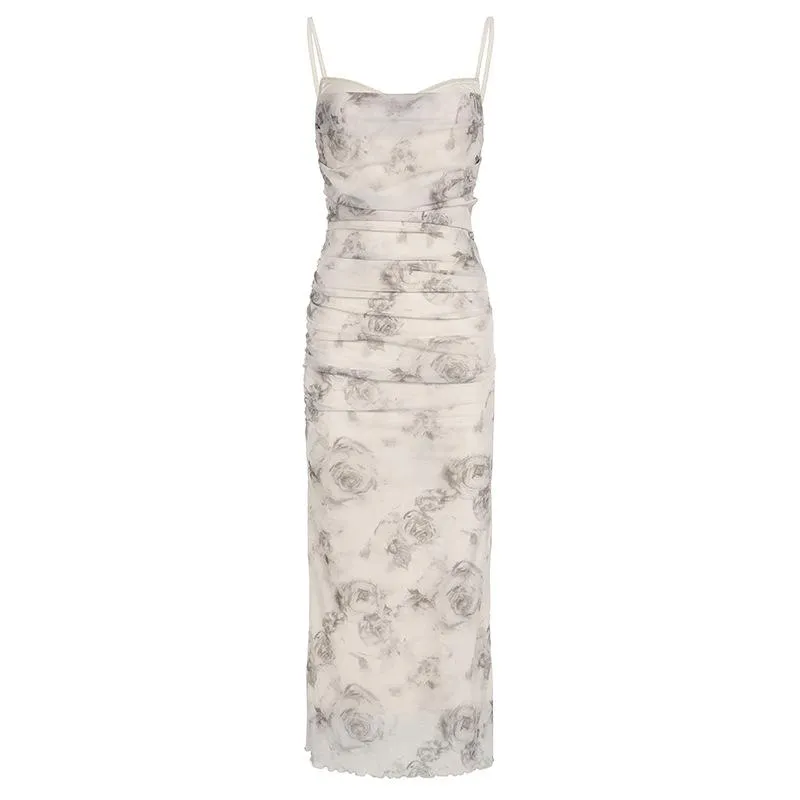 Cowl neck ruched mesh slit flower print cami midi dress
