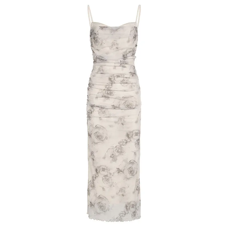 Cowl neck ruched mesh slit flower print cami midi dress