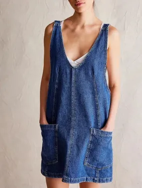Denim scoop neck overall dress