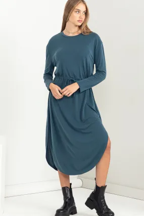DZ23G351-DRAWSTRING WAIST LONG SLEEVE MIDI DRESS