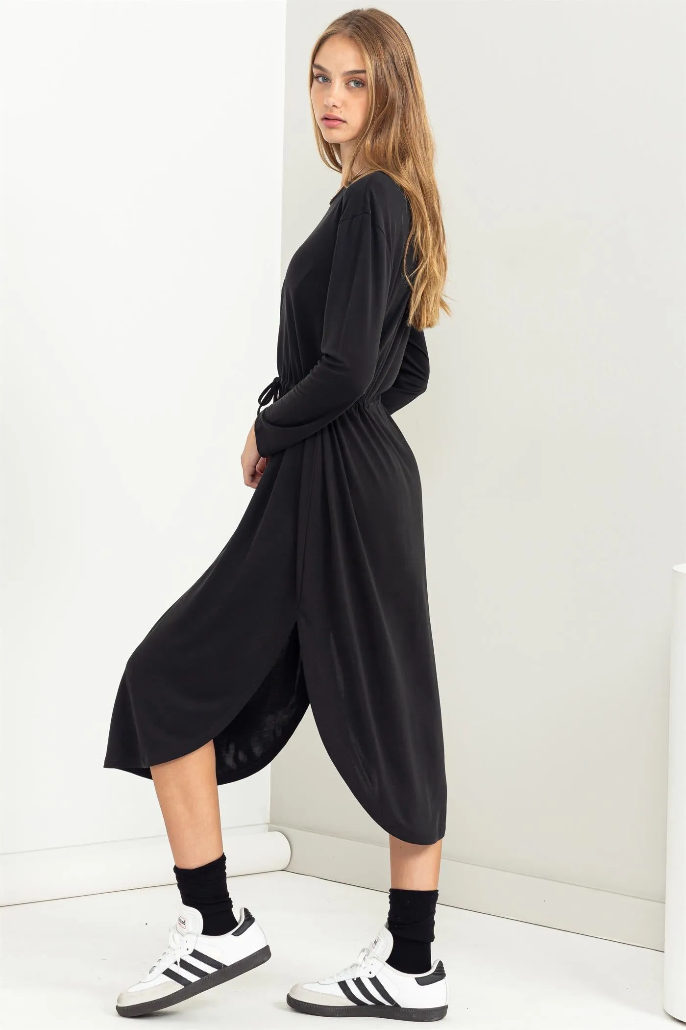 DZ23G351-DRAWSTRING WAIST LONG SLEEVE MIDI DRESS
