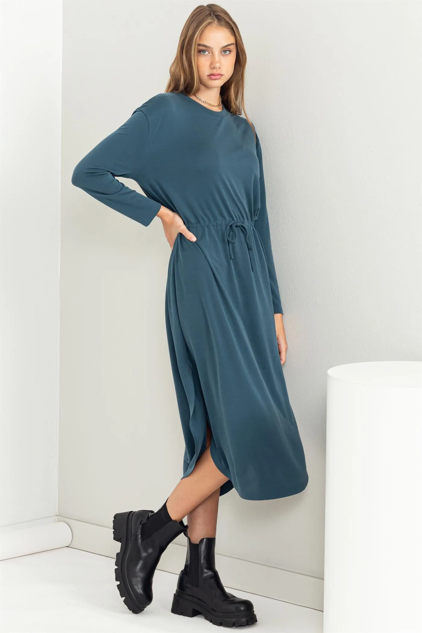 DZ23G351-DRAWSTRING WAIST LONG SLEEVE MIDI DRESS