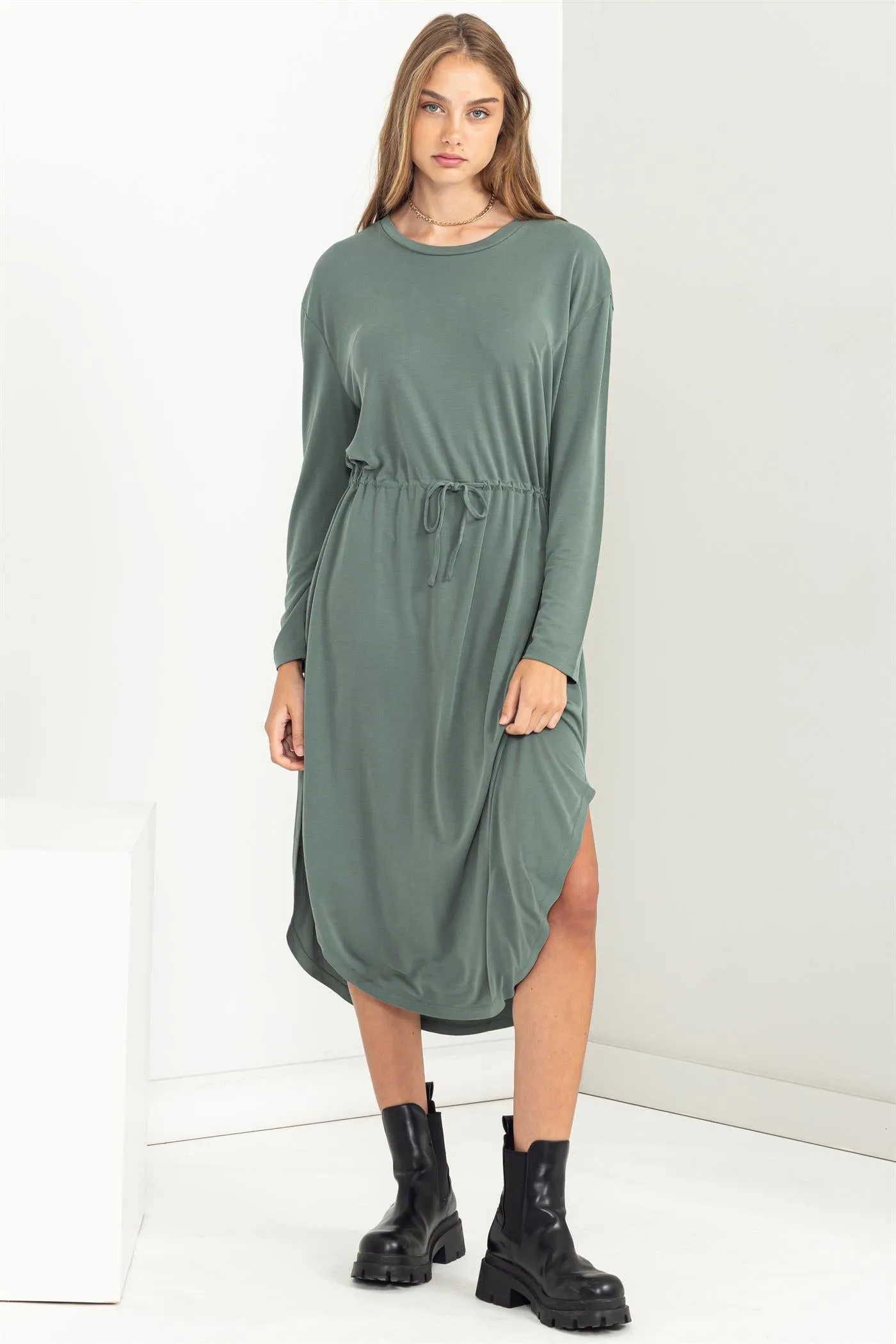 DZ23G351-DRAWSTRING WAIST LONG SLEEVE MIDI DRESS