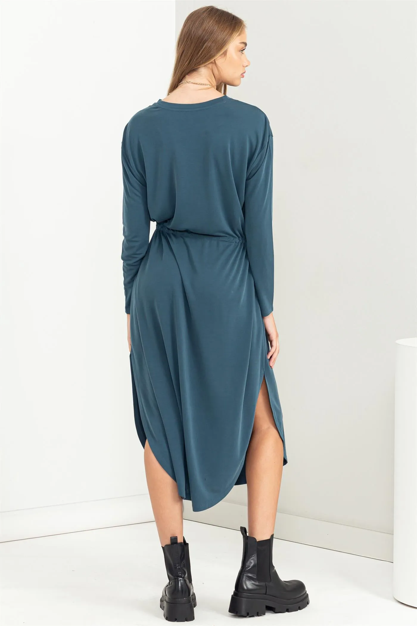 DZ23G351-DRAWSTRING WAIST LONG SLEEVE MIDI DRESS