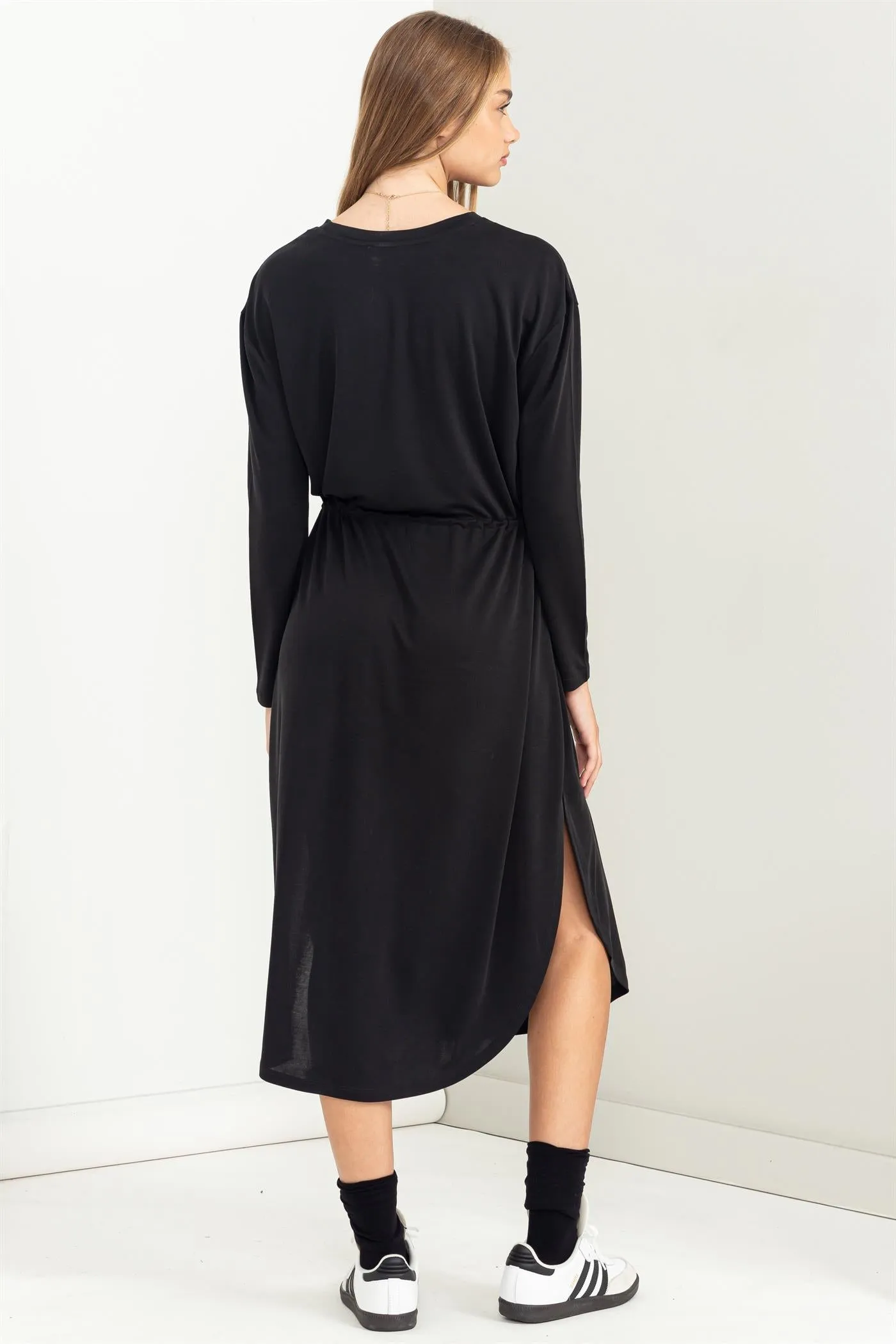 DZ23G351-DRAWSTRING WAIST LONG SLEEVE MIDI DRESS