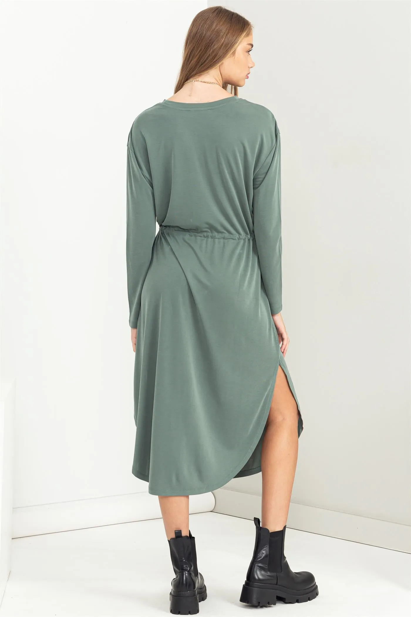 DZ23G351-DRAWSTRING WAIST LONG SLEEVE MIDI DRESS