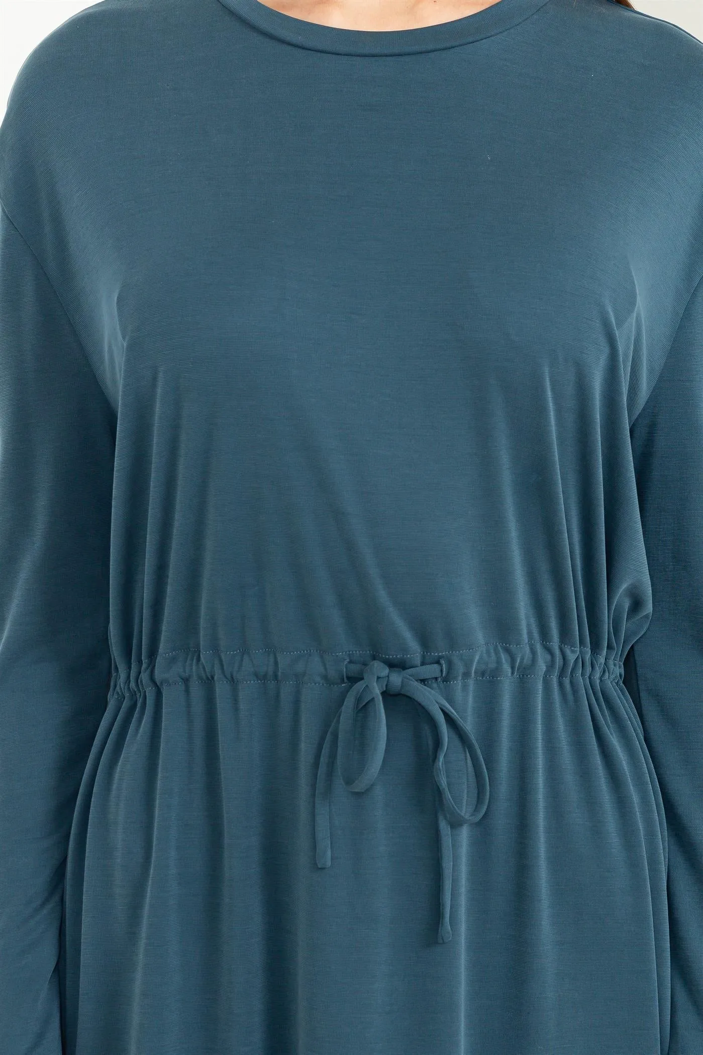 DZ23G351-DRAWSTRING WAIST LONG SLEEVE MIDI DRESS