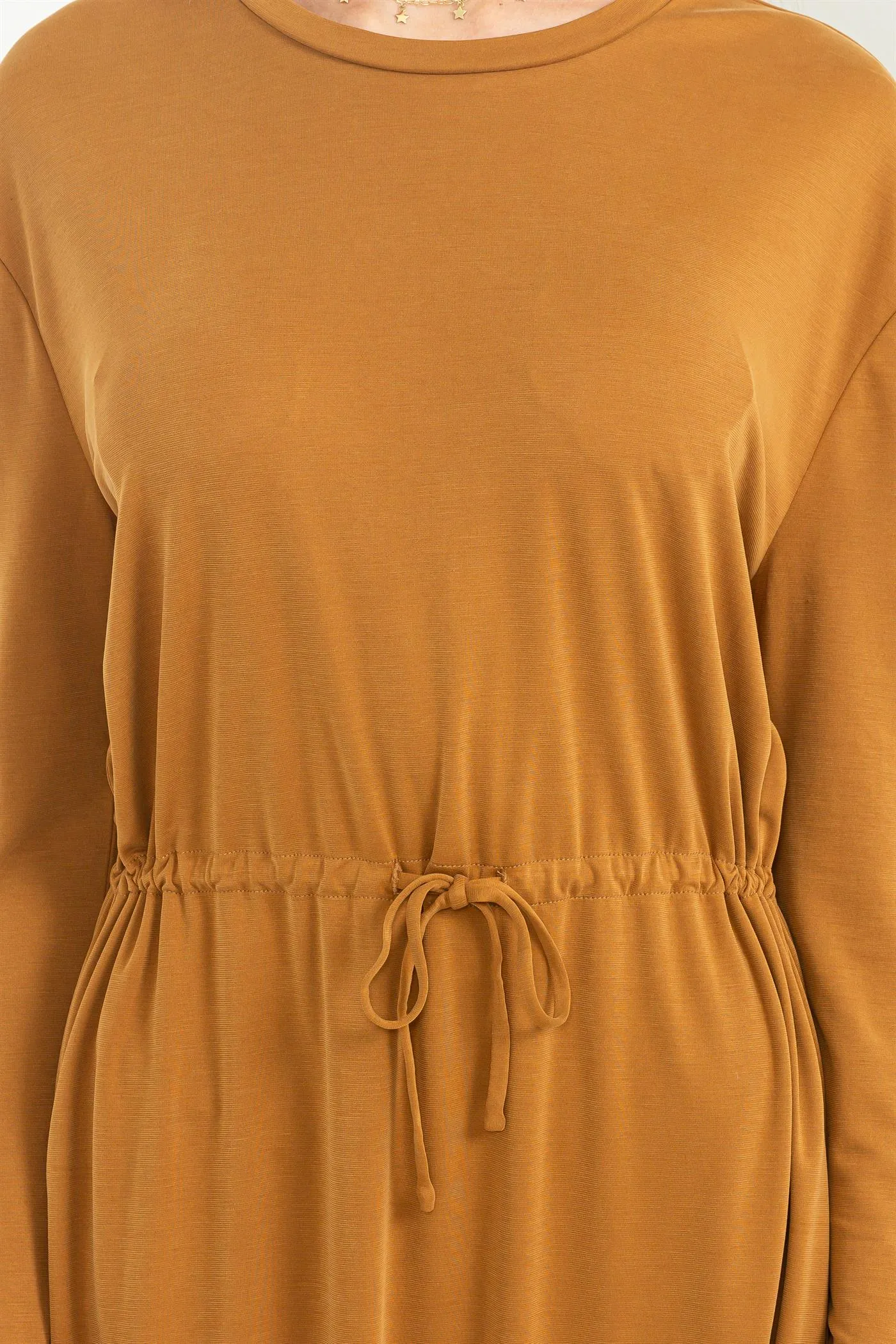 DZ23G351-DRAWSTRING WAIST LONG SLEEVE MIDI DRESS