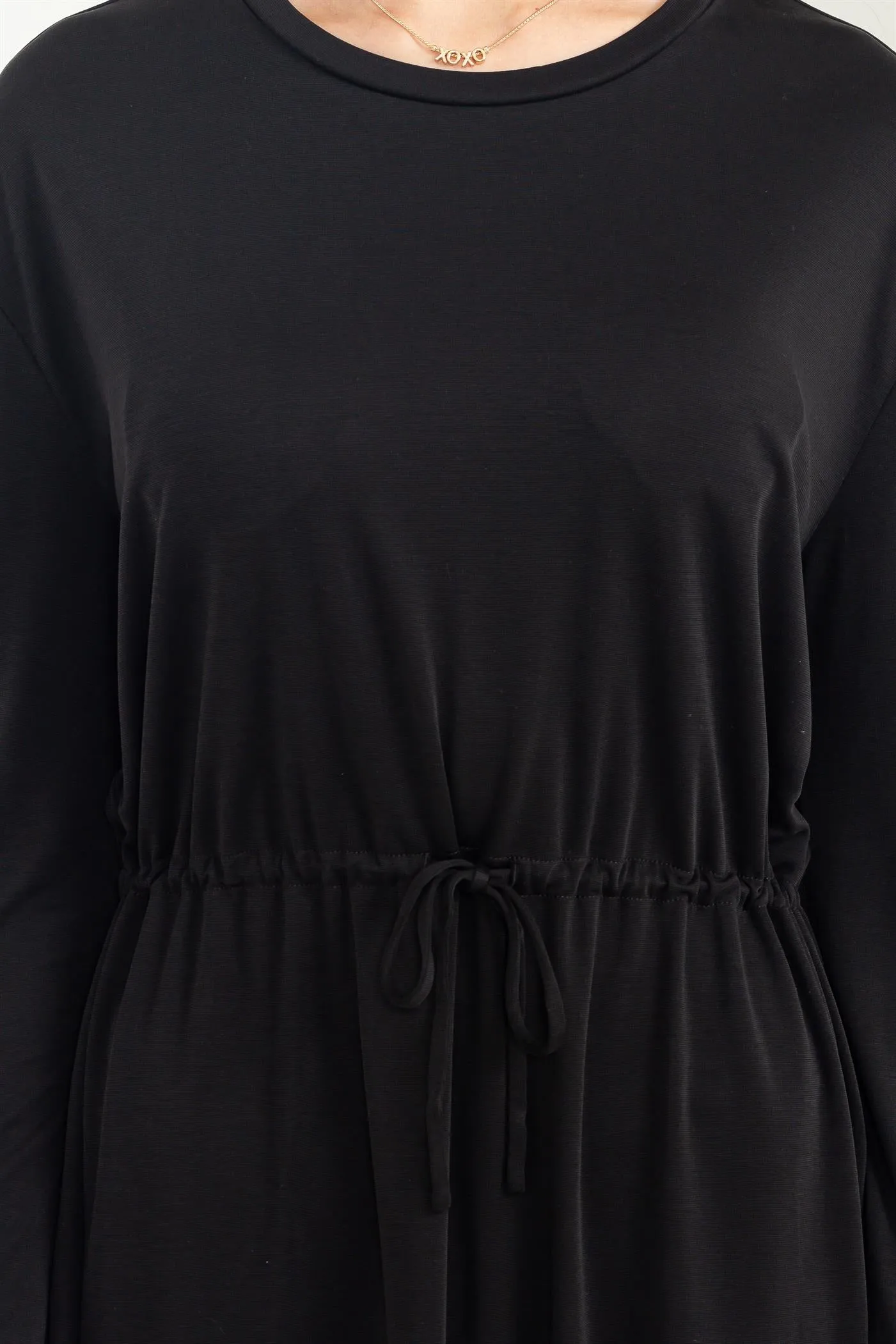 DZ23G351-DRAWSTRING WAIST LONG SLEEVE MIDI DRESS