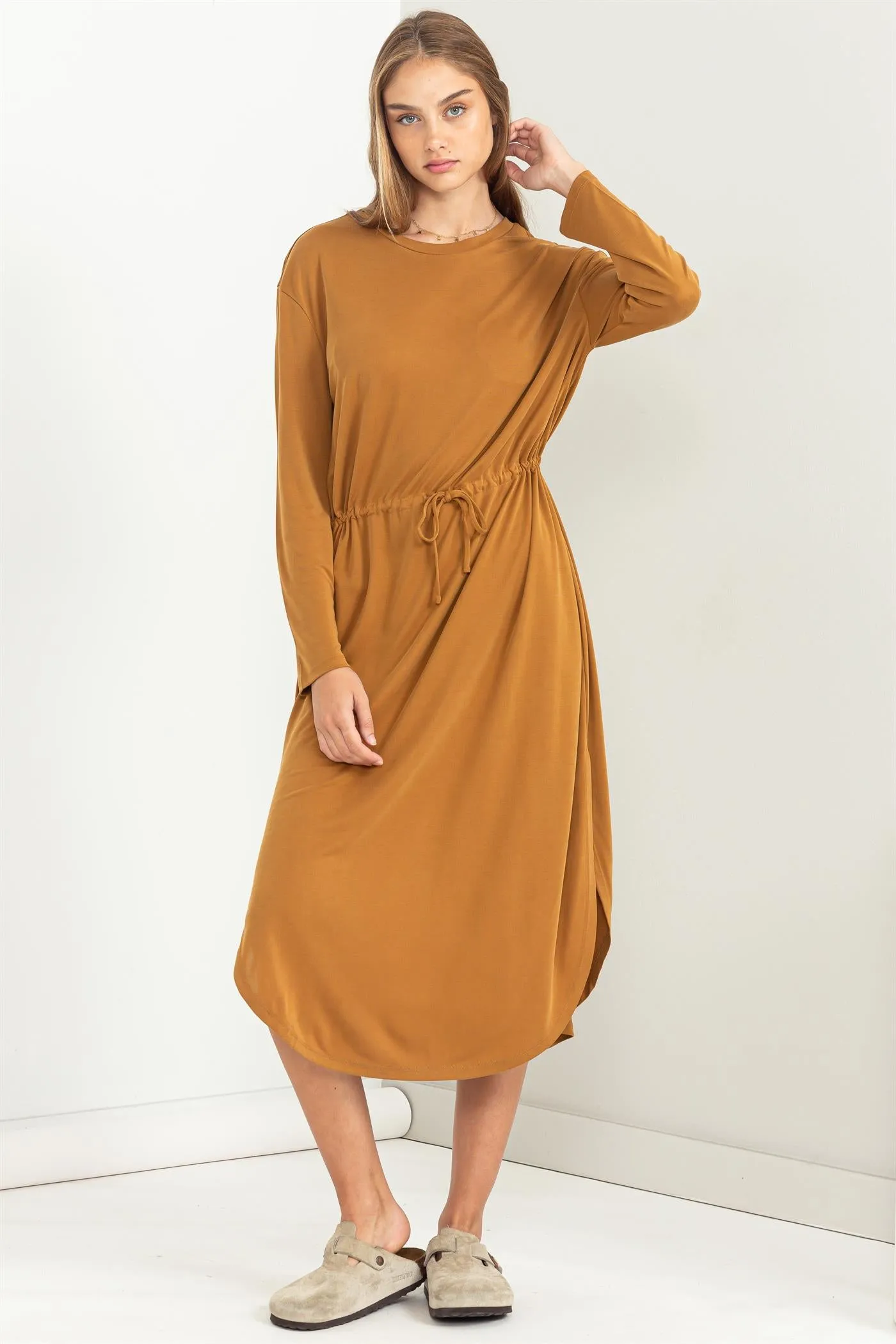 DZ23G351-DRAWSTRING WAIST LONG SLEEVE MIDI DRESS