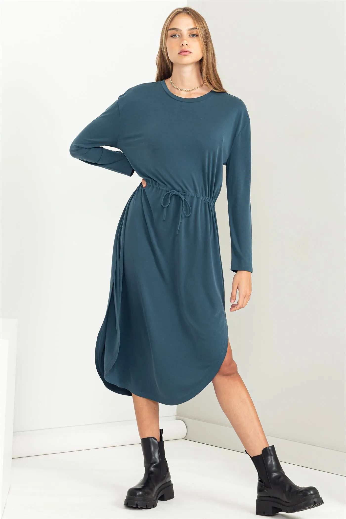 DZ23G351-DRAWSTRING WAIST LONG SLEEVE MIDI DRESS