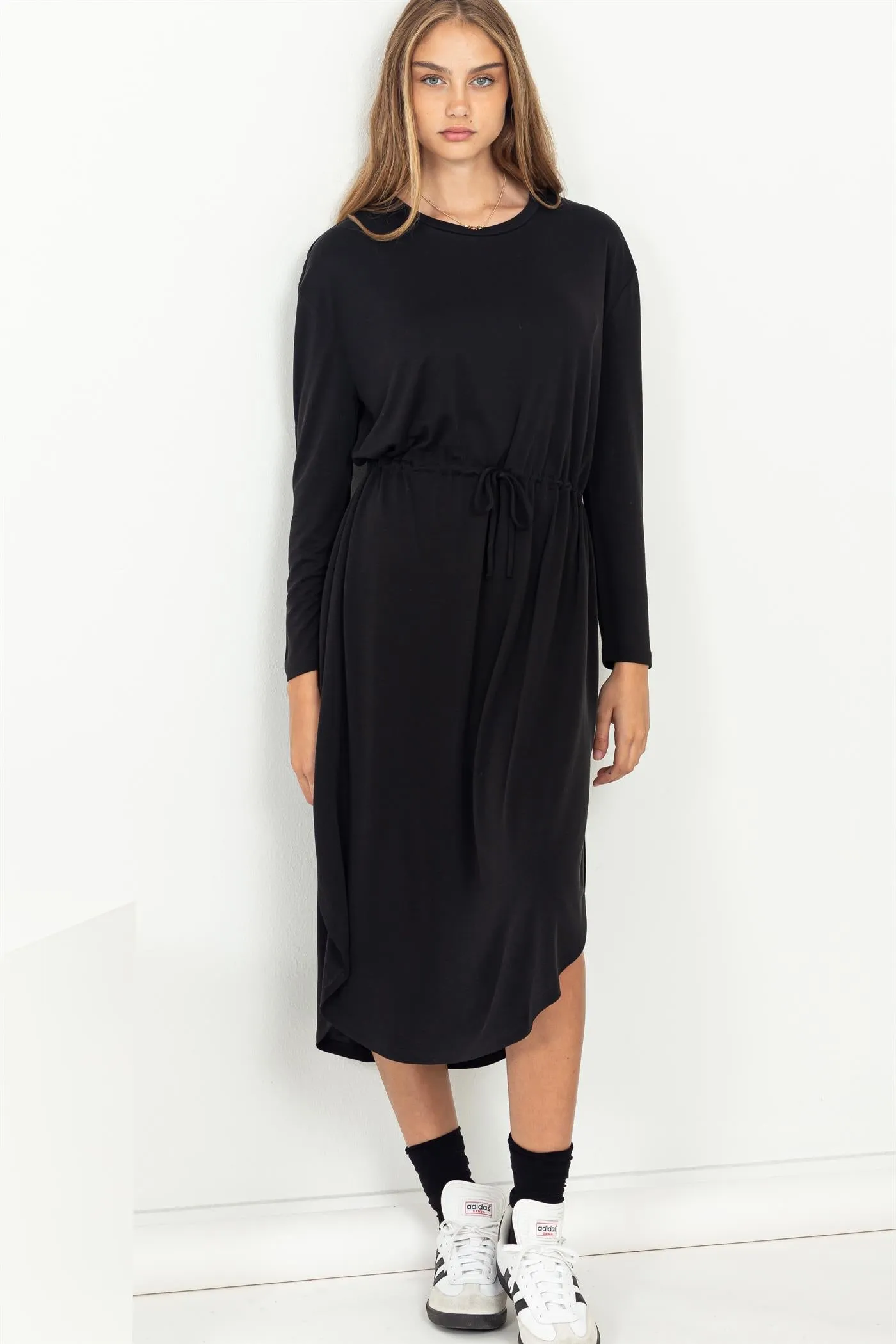 DZ23G351-DRAWSTRING WAIST LONG SLEEVE MIDI DRESS