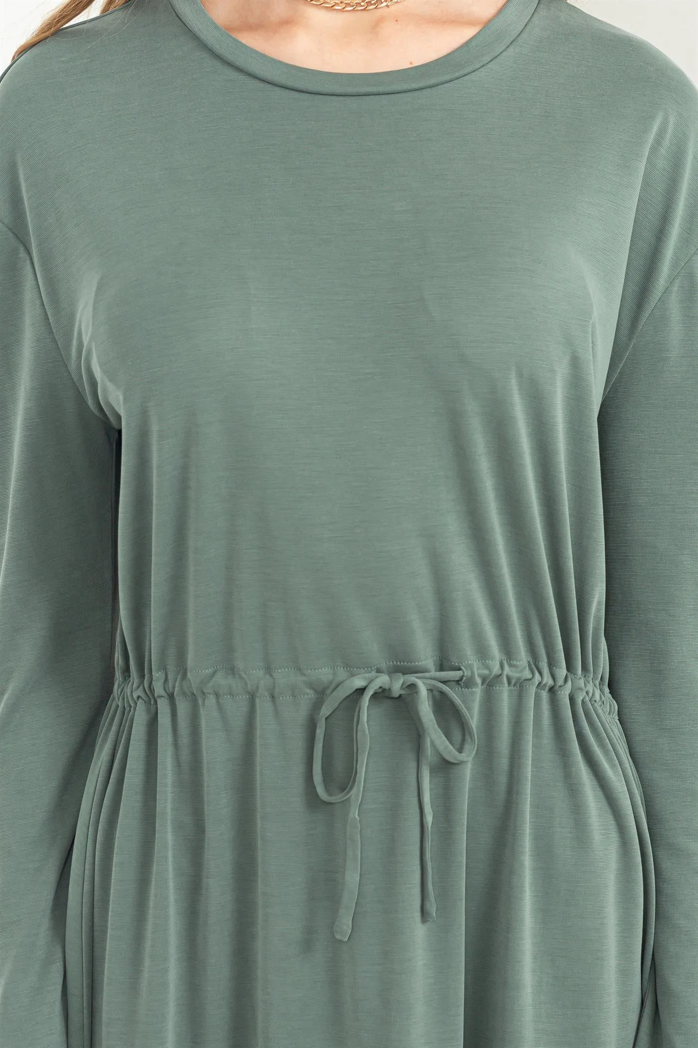 DZ23G351-DRAWSTRING WAIST LONG SLEEVE MIDI DRESS