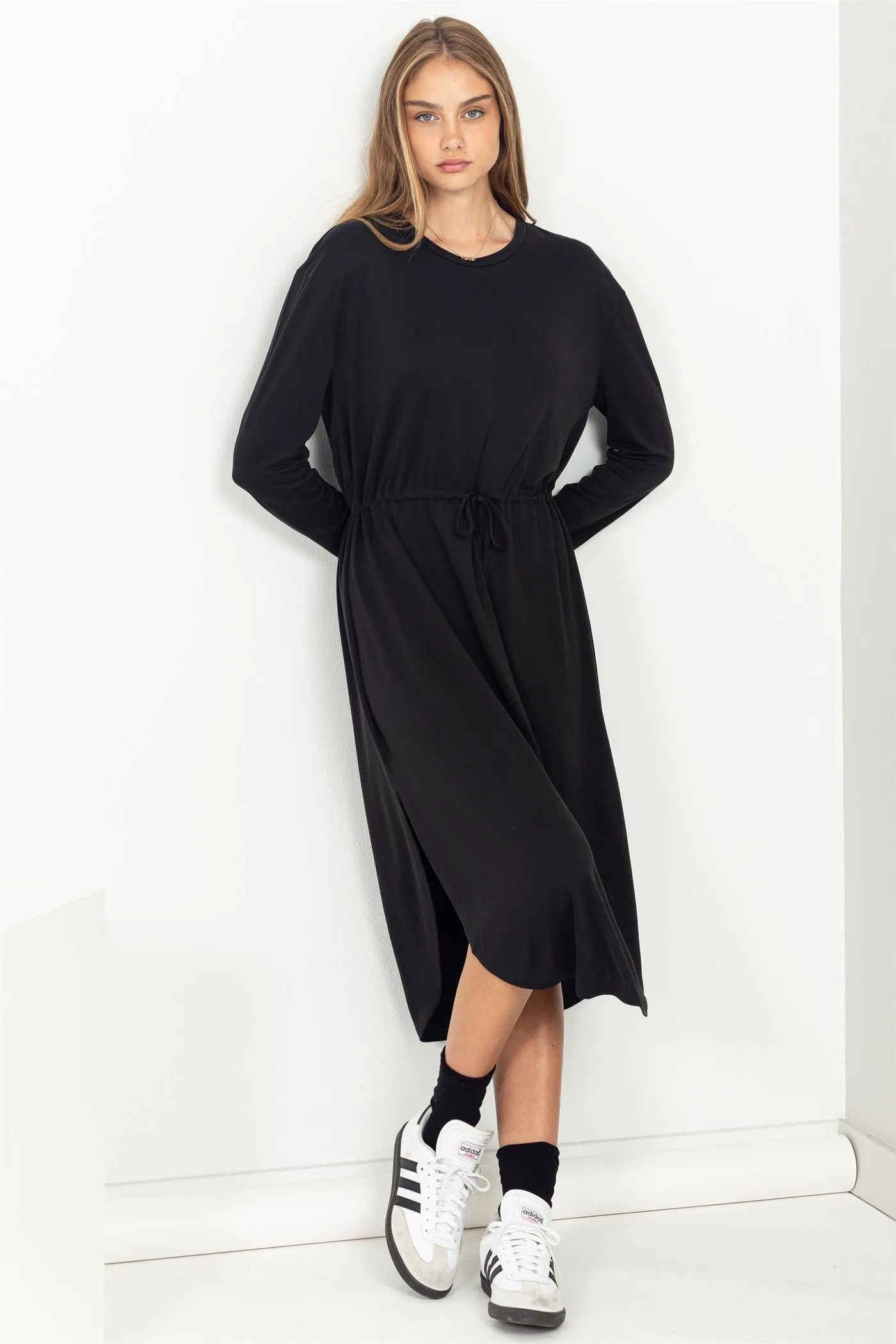 DZ23G351-DRAWSTRING WAIST LONG SLEEVE MIDI DRESS