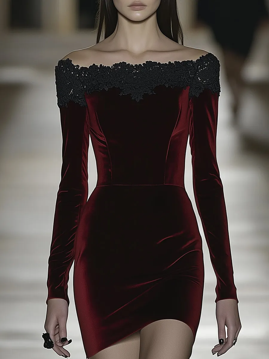 Elegant Fashion Black Lace Splicing Red Velvet Long-sleeved Mini Dress