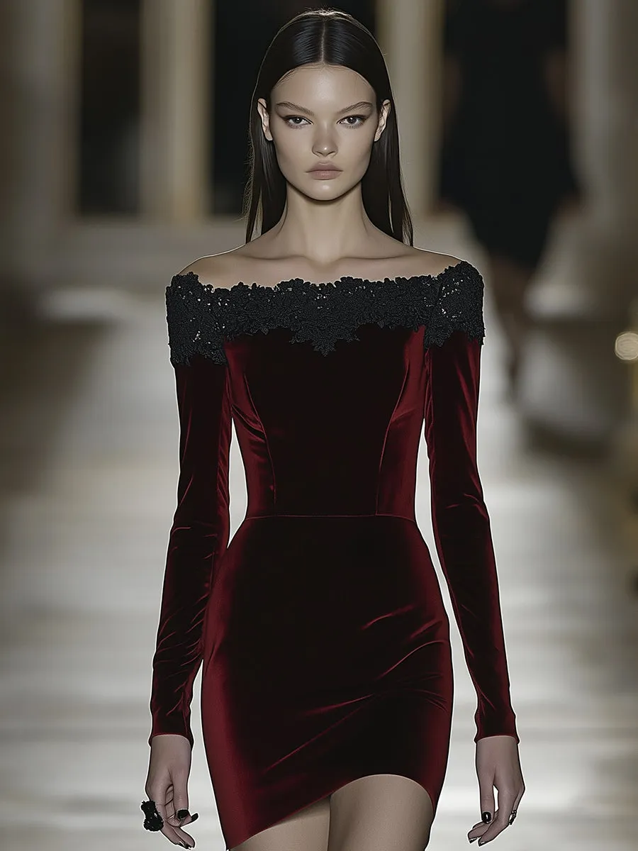 Elegant Fashion Black Lace Splicing Red Velvet Long-sleeved Mini Dress
