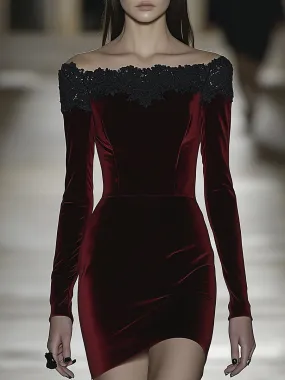 Elegant Fashion Black Lace Splicing Red Velvet Long-sleeved Mini Dress