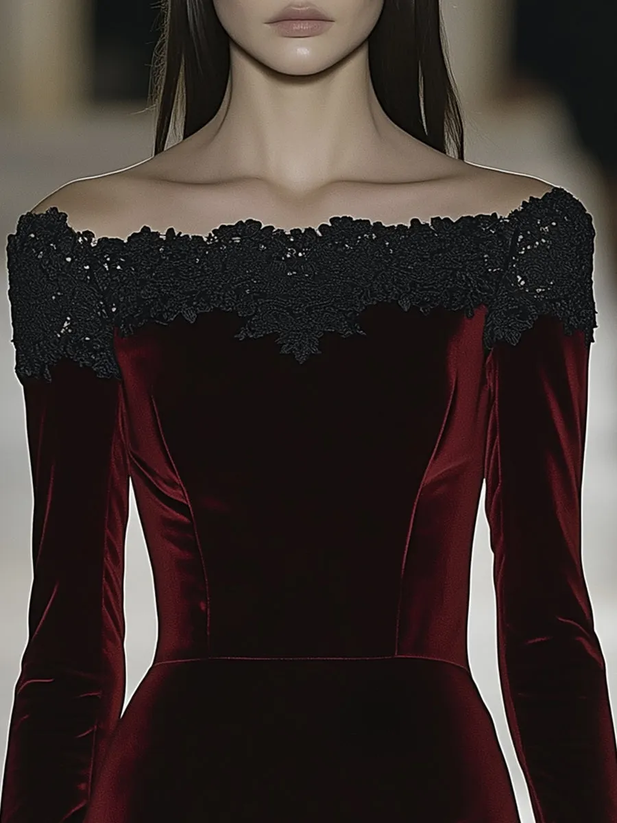 Elegant Fashion Black Lace Splicing Red Velvet Long-sleeved Mini Dress